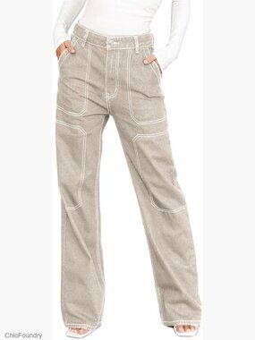 Stretch Denim Cargo Jeans Mid Waist Wide Leg Pants with Pockets